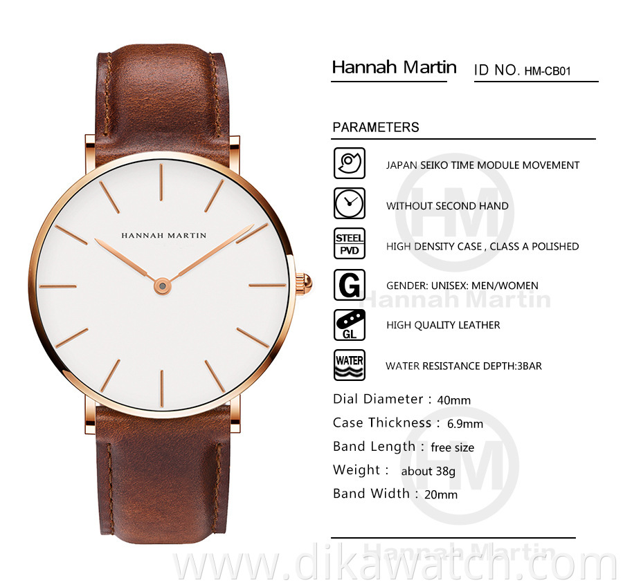 Hannah Martin CB01 Watch Creative Business Leather Unisex Couple Watches Quartz Waterproof Watches Men Wrist Relogio Masculino